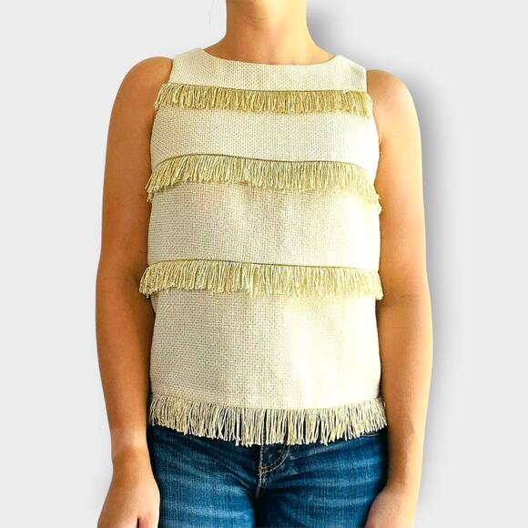 Sunday in Brooklyn Gold Fringe Crop Top Sleeveless Relaxed Fit Tweed Wool Size S - Picture 1 of 9